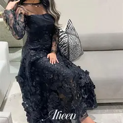 Aileen 3D Flowers Black Round Neck A-line Formal Dresses With Long Sleeves Wedding Party Dress Women Elegant Luxury Customized