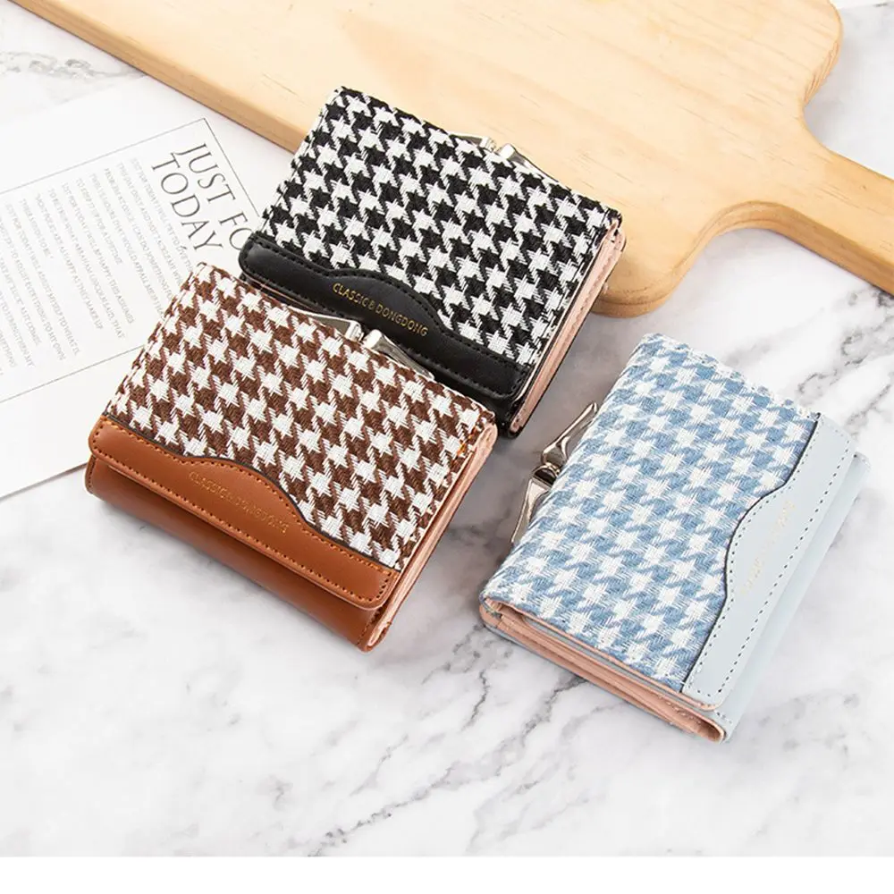 

Contrasting Color Houndstooth PU Leather Short Buckle Coin Clip Korean Style Coin Purse Women Wallet Card Holder