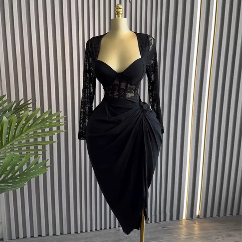 

BKLD Black Dress Women's 2025 Spring New Arrival Elegant Square Collar Lace Long Sleeve High Waist Slimming Medium-Length Dress