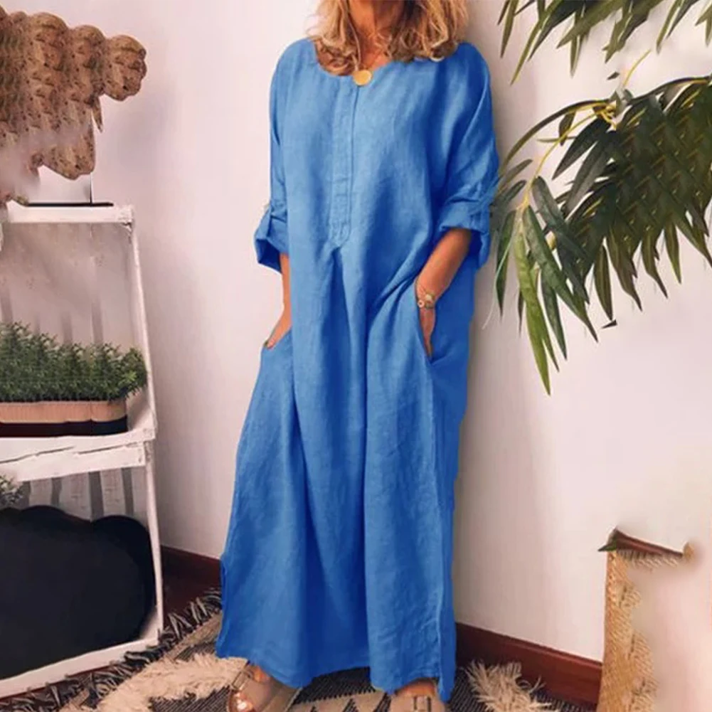 Clothing Dress Comfortable Cotton Linen Crew-Neck Daily Female Kaftan Long Sleeve Non Strech Solid Color 1 Pc Spring