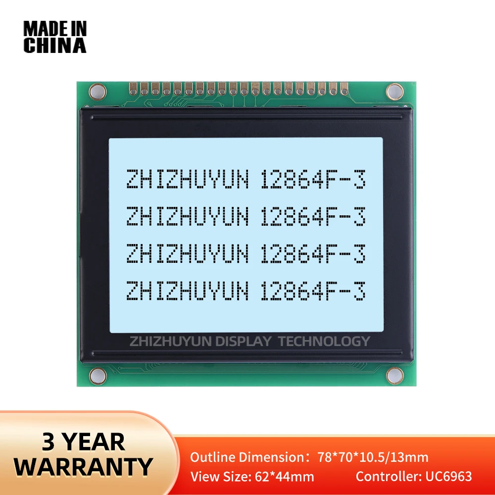 Painel LCD anti-interferência do porto paralelo, filme cinzento com luz branca e letras pretas, LCM 12864F-3, 6800, UC6963, 78x70mm