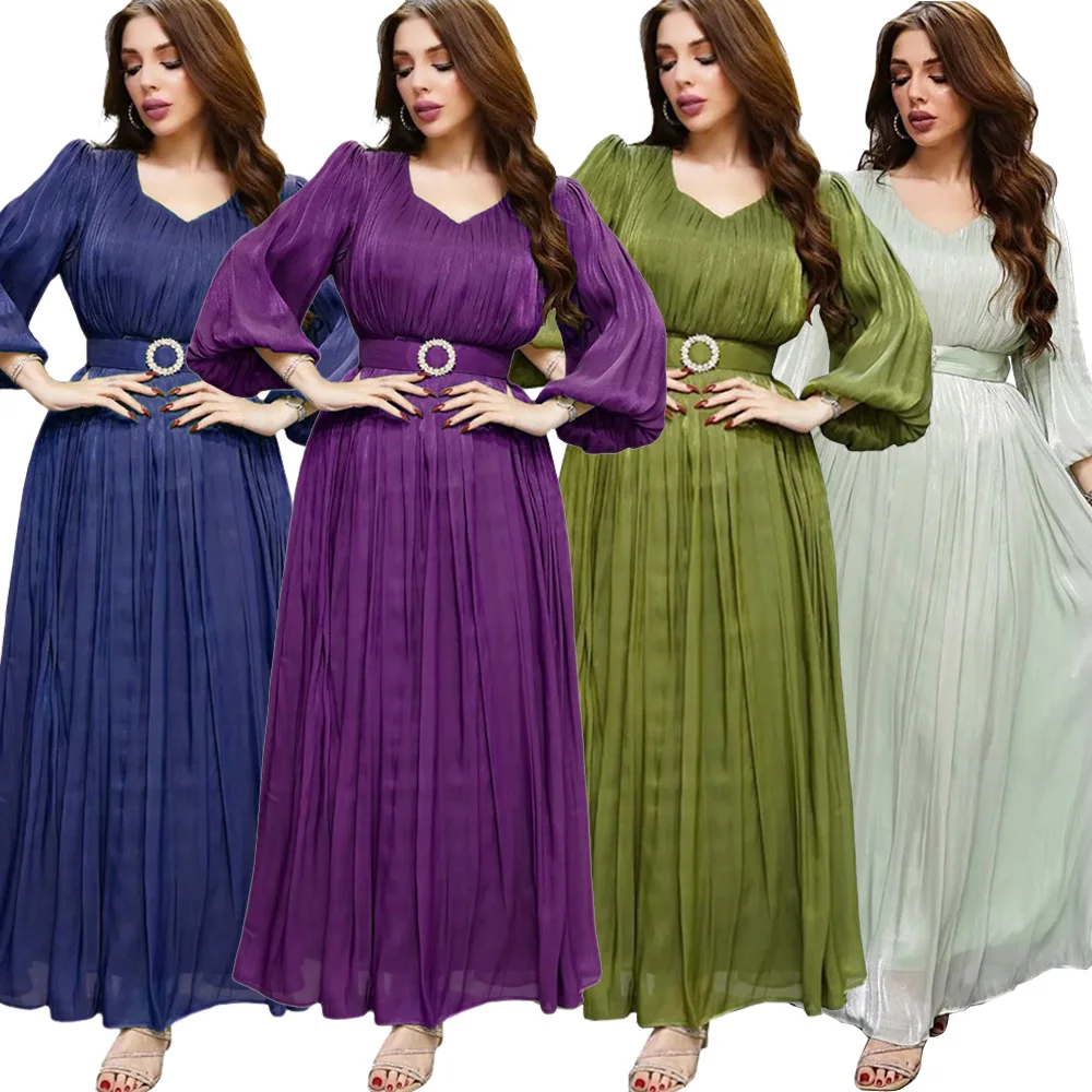 

Fashion Muslim Bright Silk Satin Maxi Dress Brief Solid Pleated Jalabiya Arab Dubai Moroccan Islamic Clothes Corban Eid Ramadan