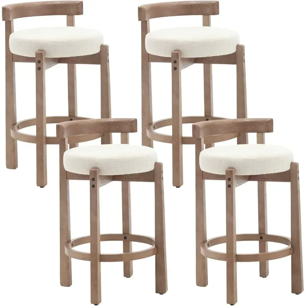 Taburetes de bar modernos, juego de 4, taburetes de altura de mostrador de 26 pulgadas, taburetes de bar redondos de madera sin brazos, taburete de isla de cocina con asiento de lino para el hogar