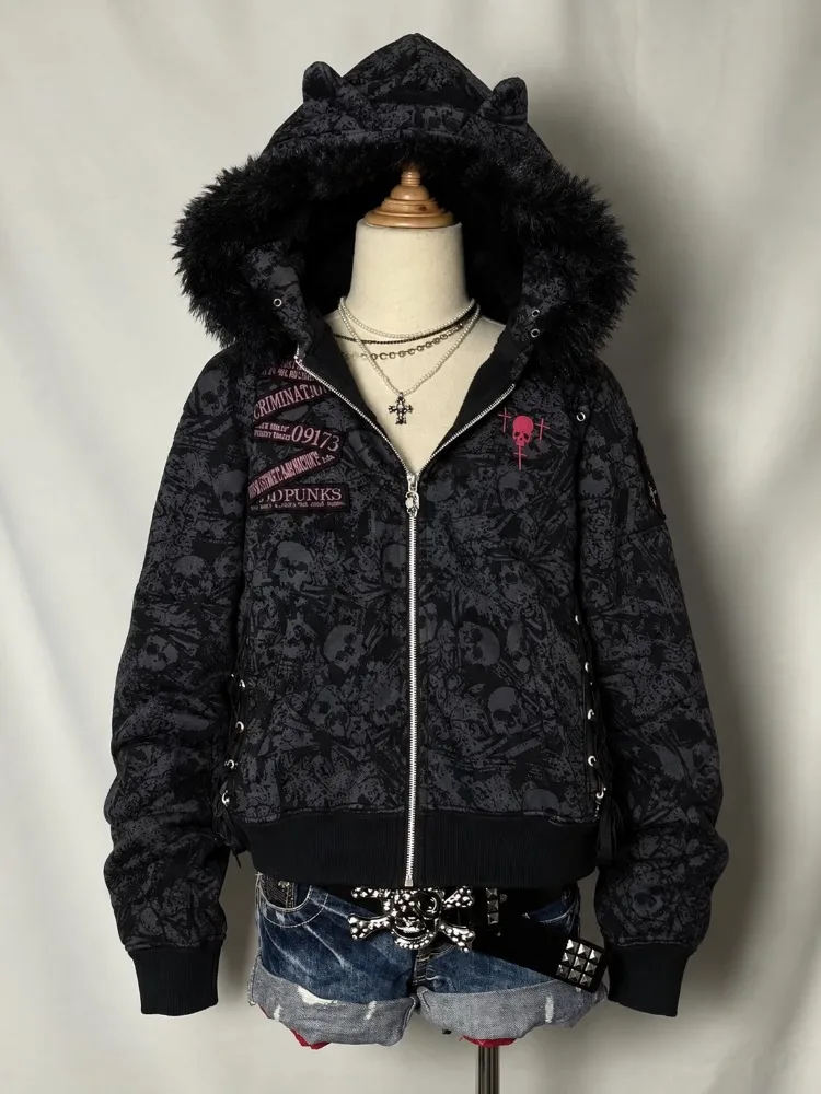 Vintage Casual Punk Fur Trim Hooded Zip Up Jacket Women Gothic Skull Goth Retro Print Alt Y2K Winter Fleece Hoodie Fashion New