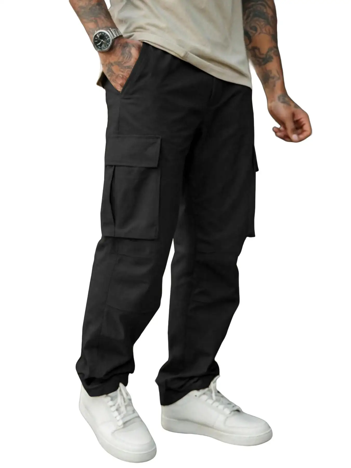 Herren Einfarbige Cargohose Regular Fit Lässige Gerade Hose mit Pattentaschen und Kordelzug für den Alltag – Detail 4