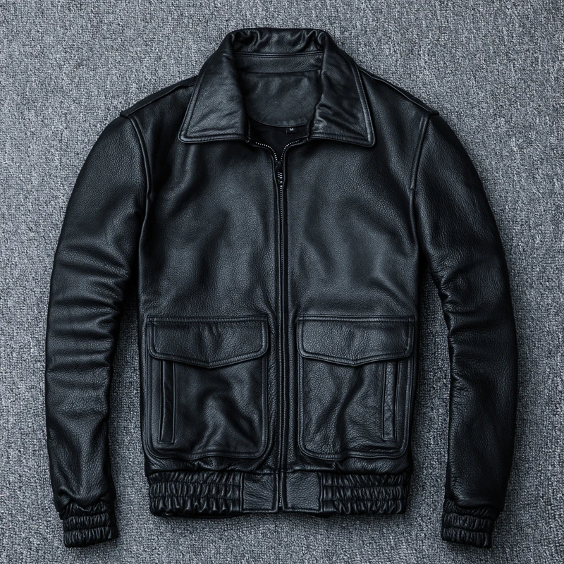 Pilot Pure Head Layer Leather Leather men's Flight Suit Lapel Leather Jacket New Plus Size Coat