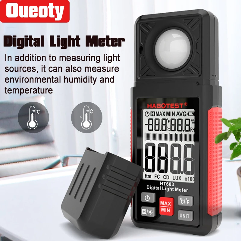 HABOTEST HT603 Digital Light Meter 200000 Lux Digital Illuminance Meter with Ambient Humidity and Temperature Meter Lux Meter