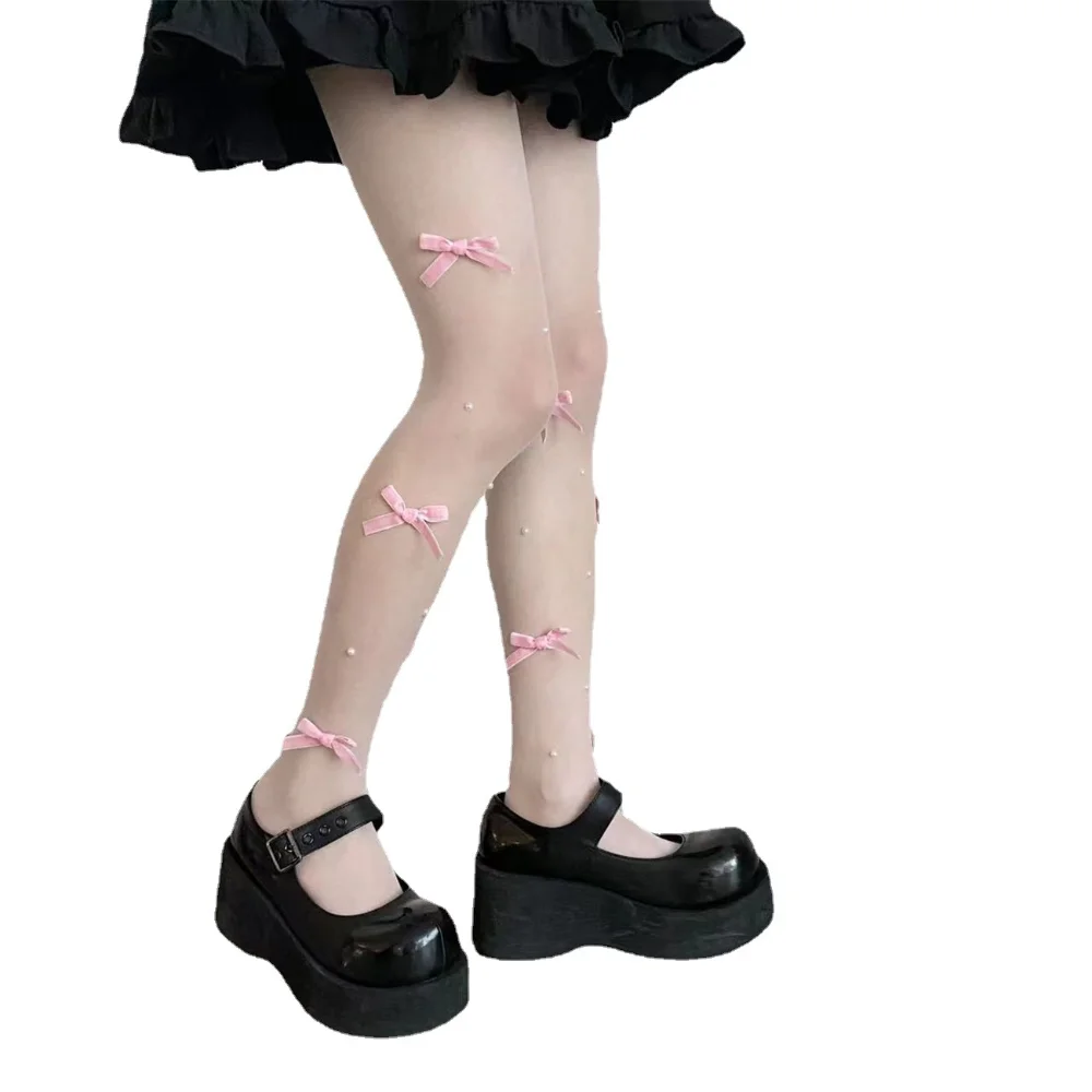 Rosa Samt Bogen Perle Stickerei Körper Strümpfe Strumpfhosen 3d sexy Strumpfhosen Strumpfhosen süße Mädchen Nylon Strumpfhosen Japan Stile Lolita