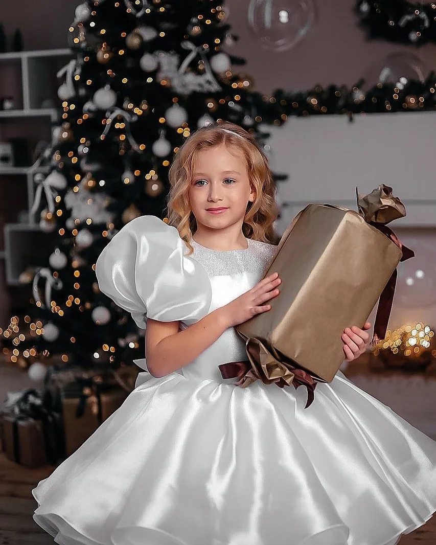 فستان عيد الميلاد الأبيض للأطفال الصغار بطول الركبة قصير للحفلات الراقصة للأطفال مناسبة خاصة فستان فتاة الزهور