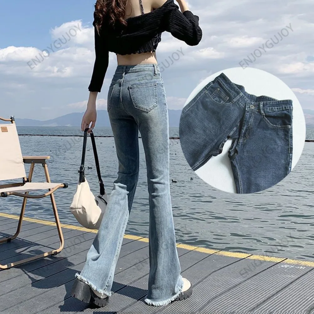 Görünmez açık kasık açık seks elastik yüksek belli alevlendi kot Slim Fit kadın Retro mikro alevlendi pantolon