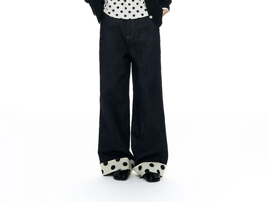 Polka Dot Splicing Loose Straight Jeans Flanged Design Casual Trousers Temperament Pants Wide-leg Trousers
