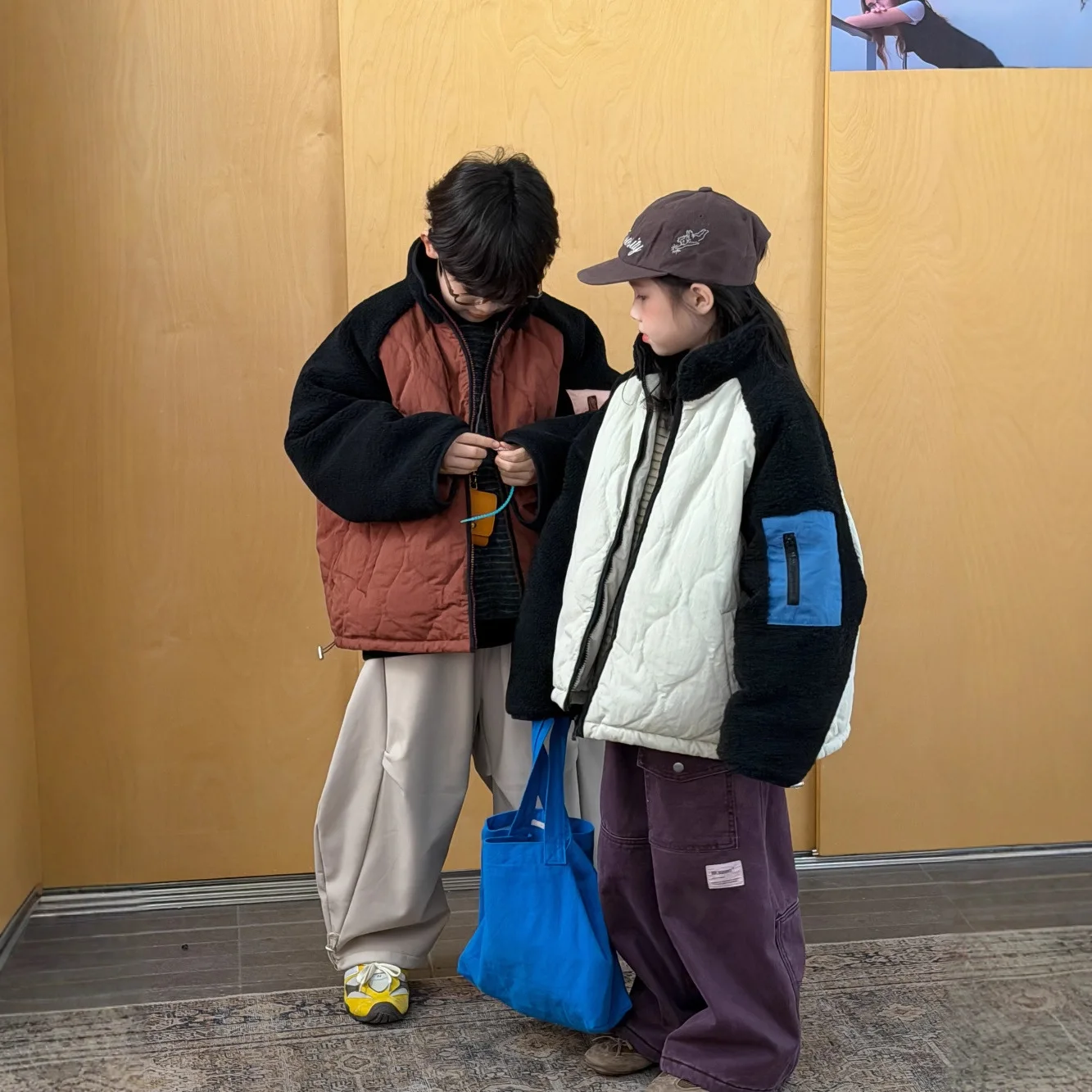 

Winter Korean Children Parkas Argyle Spliced Long Sleeve Infant Babys Girls Outerwears Coat Loose Warm Zipper Kids Boy Jackets