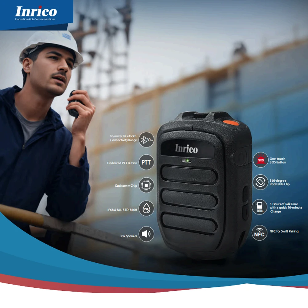 

Inrico Новый микрофон Walkie Talkie BT5.1 30M B06 Динамик Поддержка микрофона Android/iOS NFC IP68 для строительной логистики