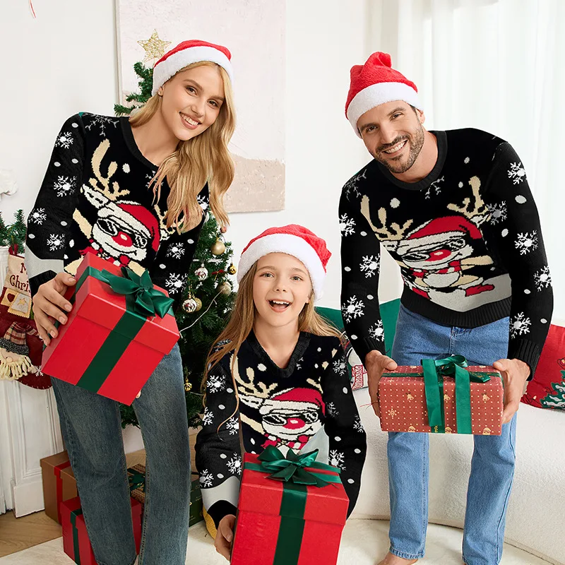

Black Christmas Sweater Oversized Casual Cartoon Reindeer Print Pullover Fall Winter Holiday Party Knitwear 2025 Family Matching
