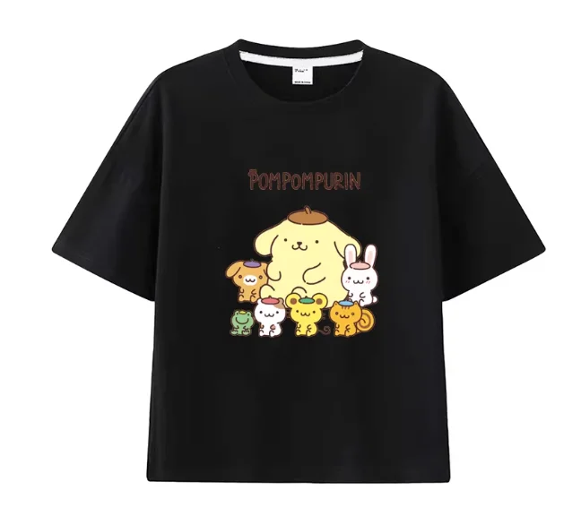 MINISO Sanrio Pom Pom Purin and Friends Printed T-shirt Short-sleeve Women Men Couple Casual Loose Versatile Hot-selling Tees