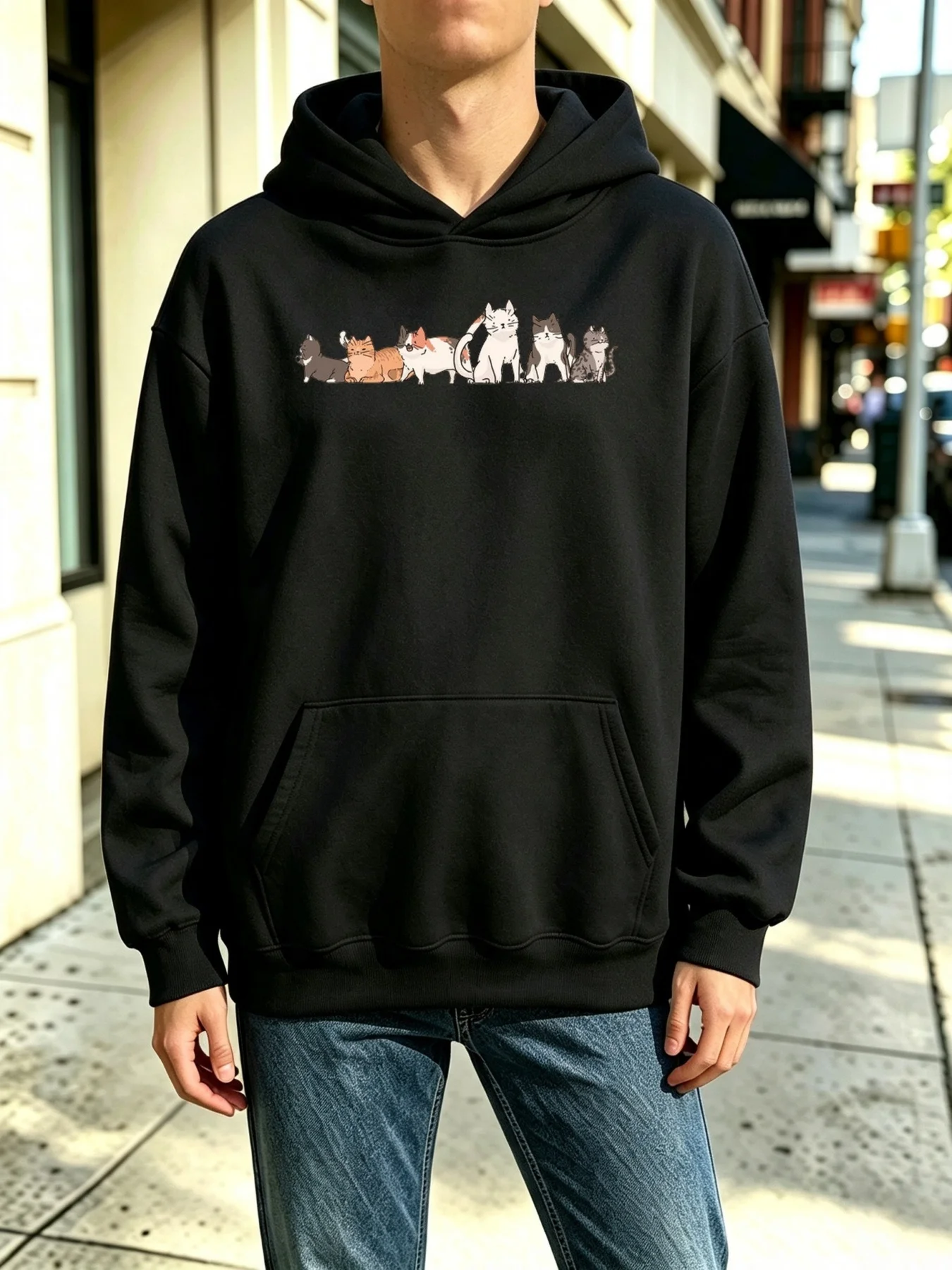 Men's Hooded Sweatshirt with Seven Cute Cats Standing in a Row Design, Casual Basic Style, Loose Fit, Suitable for Autumn and Winter, Everyday Outdoor, Home, and Work Wear, Soft Fleece Lining, Long Sleeves with Kangaroo Pocket