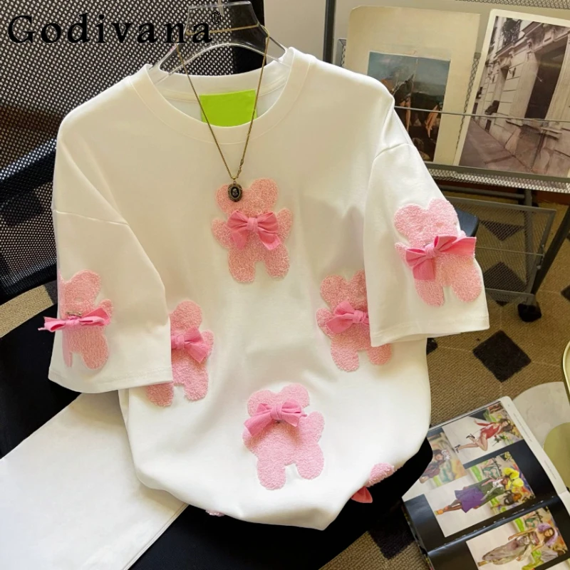 

Large Size Summer Embroidered Bow Men Women Loose Short Sleeve T-shirt New Chic Loose Versatile Personality Leisure Tops