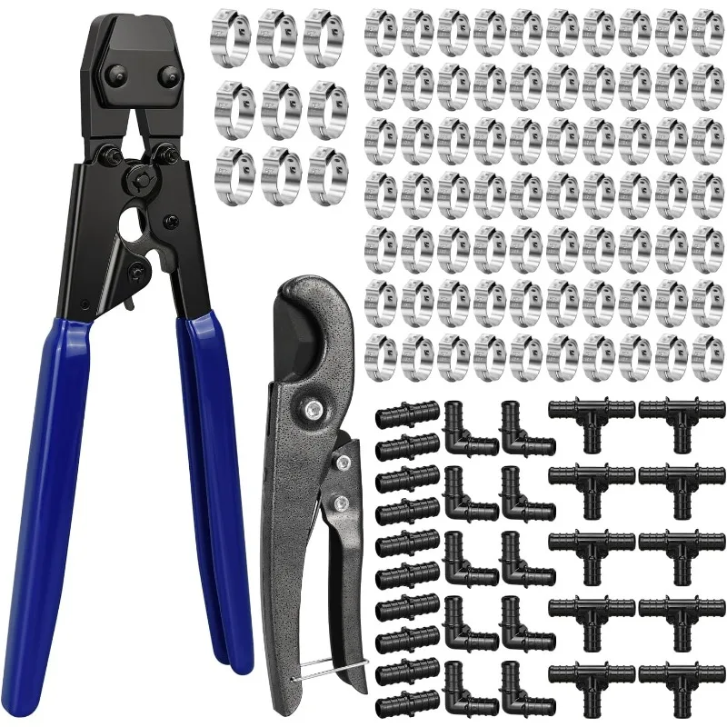 

Cinch Clamp Tool Kit, Including 30pcs 1/2" PPSU PEX Fittings, 70pcs 1/2" PEX Cinch Clamps, 10pcs 3/4" PEX Cinch Clamps, 1pcs