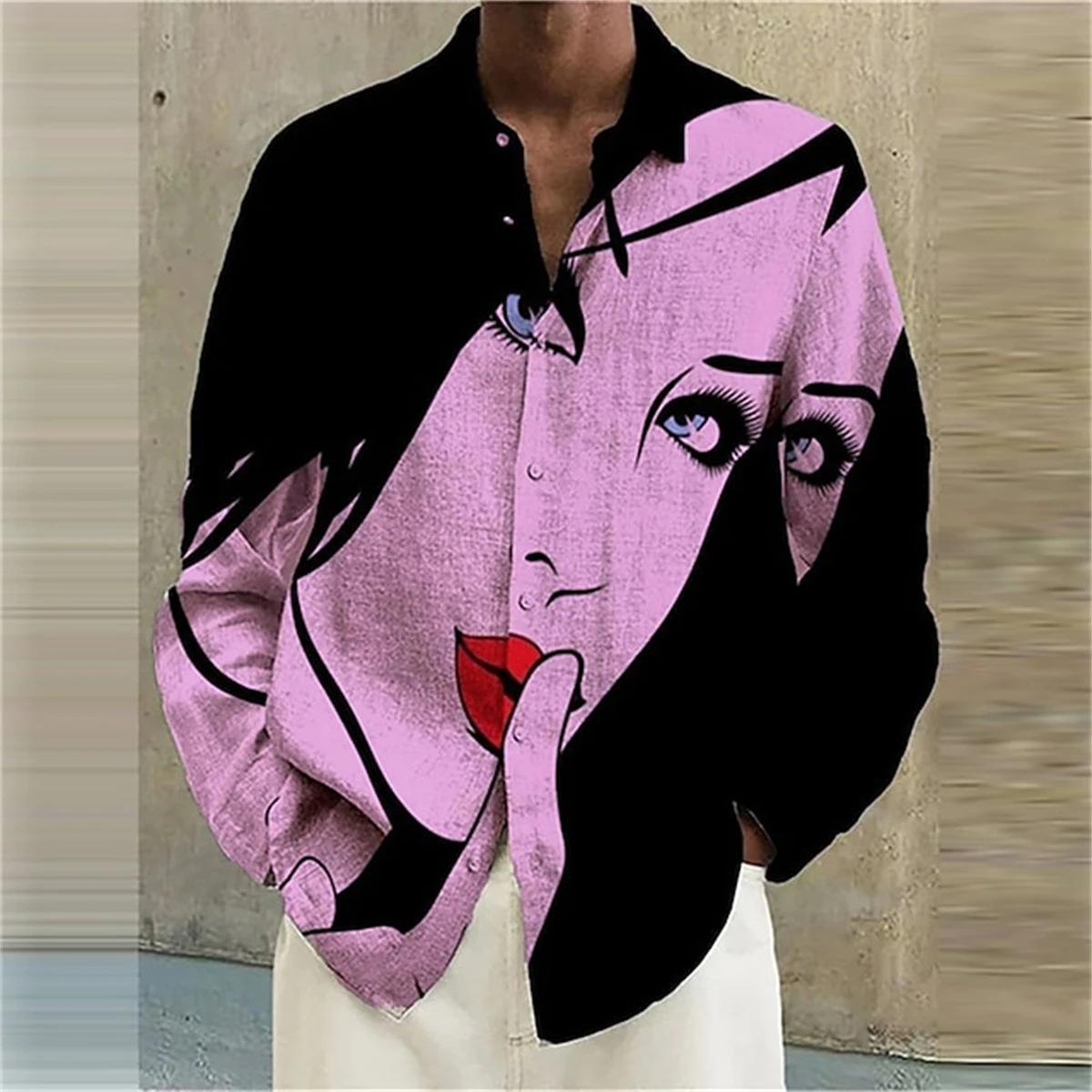 Fashionable men's shirts, high-end oil painting texture printed open lapel tops, comfortable and casual men's long-sleeved shirt