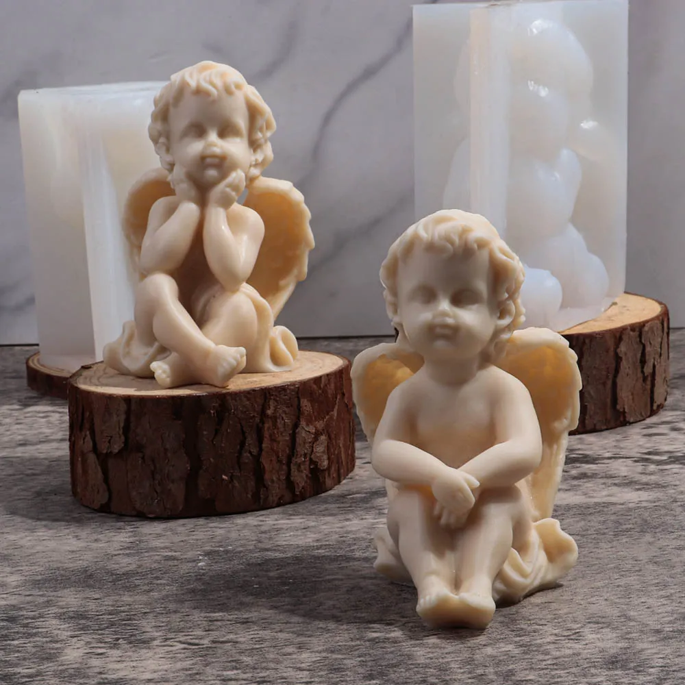 3D Angel Children Silicone Mold Lovely Winged Boys Abstract Craft Scented Candle Wax Mould DIY Gypsum Candle Making Home Decor