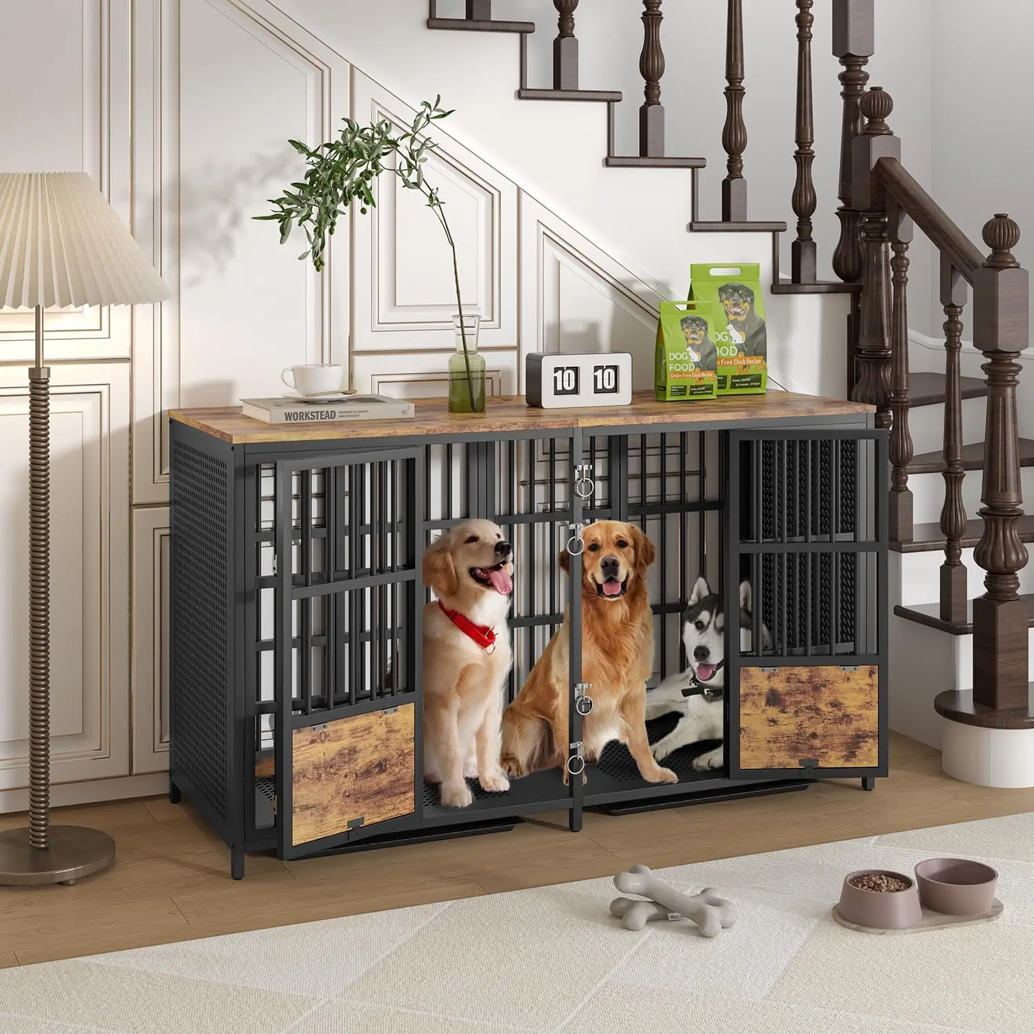 

Large Dog Crate Furniture, 63 inch Heavy Duty Double Dog Crate with Removable Divider, Extra Large