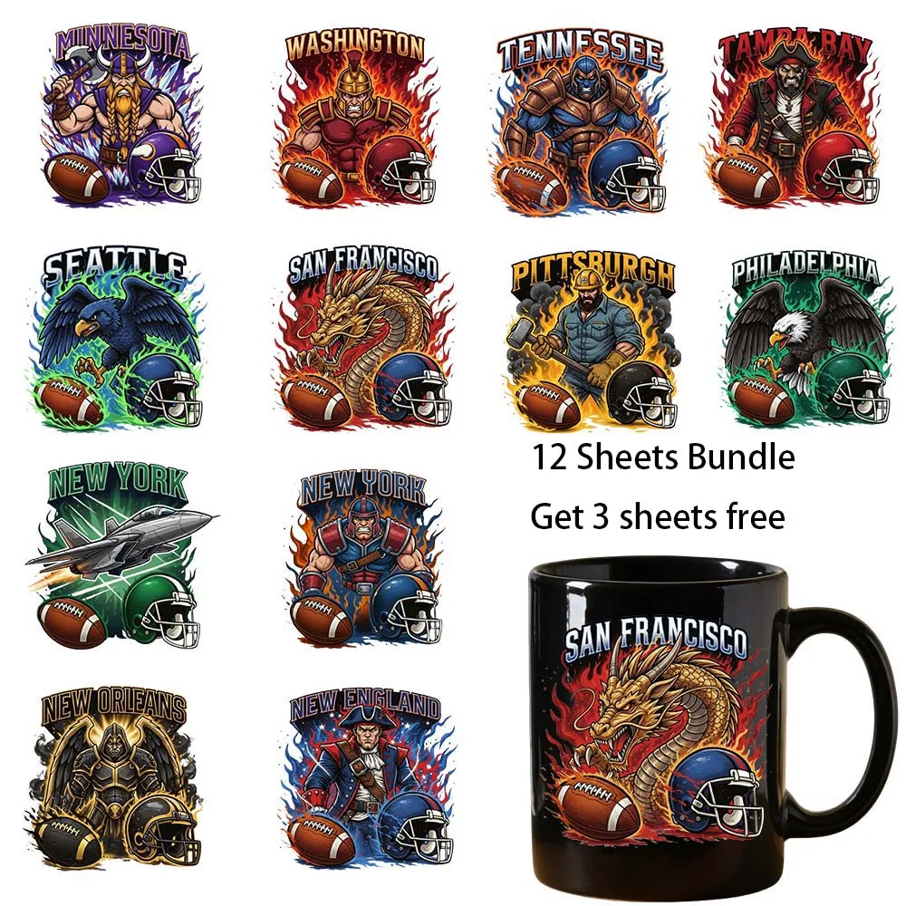 12 sheets bundle 4 inches Football team UV Sticker Party DIY Decals 3D transfers uvdtf tumbler stickers 16oz uv dtf cup wraps