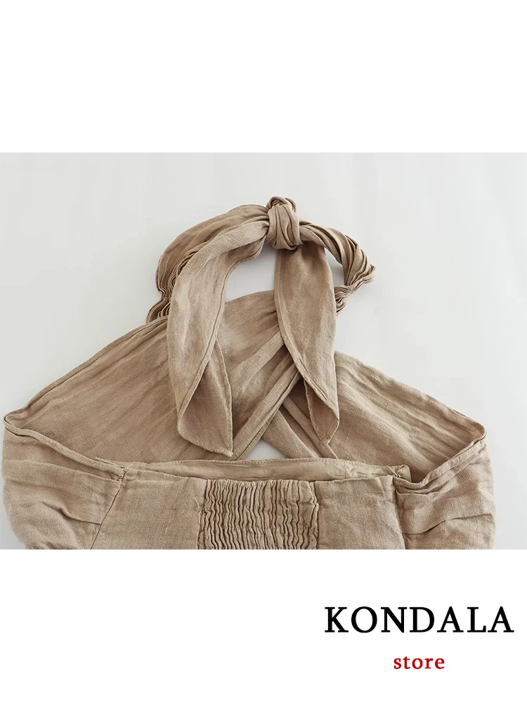 KONDALA Streetwear Khaki Linen Suits Women Sleeveless Halter Sexy Crop Tops Women+High Waist Wide Leg Pants Fashion 2023 Sets