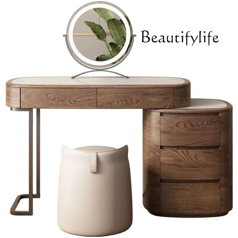 

Simple Medieval black walnut oval special-shaped dresser with sub-cabinet bedroom Italian minimalist retractable makeup table