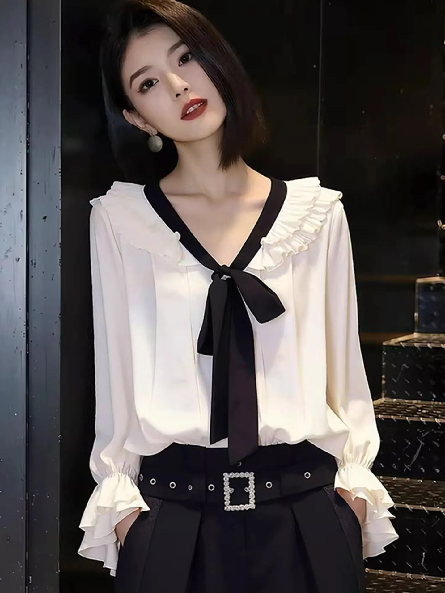

Ele Long Sve irt Spring Faion Color Blo Belt Design Lace Collar Commute Korean Sle Silk Top Women's Premium Brand