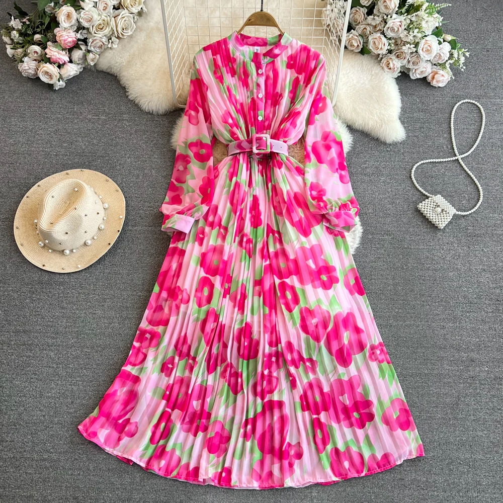 

Retro Elegant Pleated Half High Collar Lantern Sleeves O Neck Print Dress Vacation Casual Women A-LINE Fashion Summer Dresses