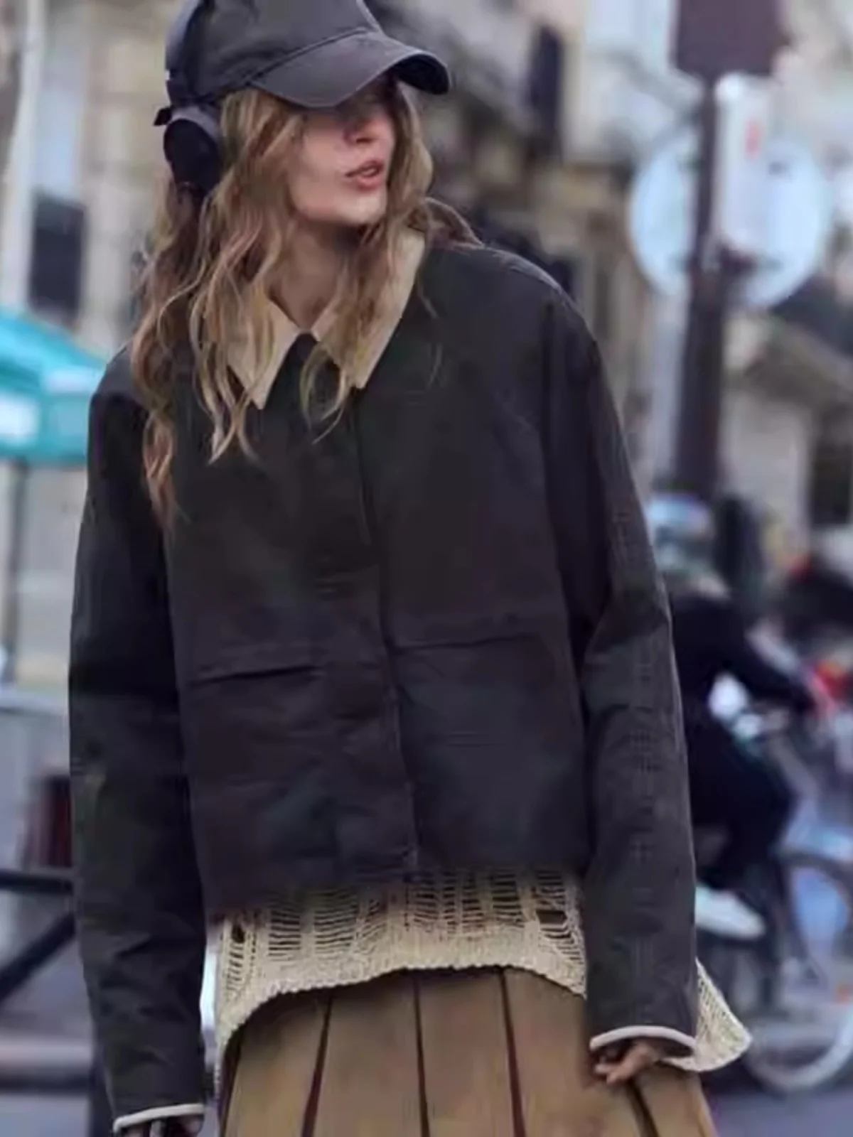 Sli Gewachstes Leder Jaet Damen Frühling Neue Kragenfarbe Blo Oberbekleidung Trendy Street Sle Normale Länge Lose Passform