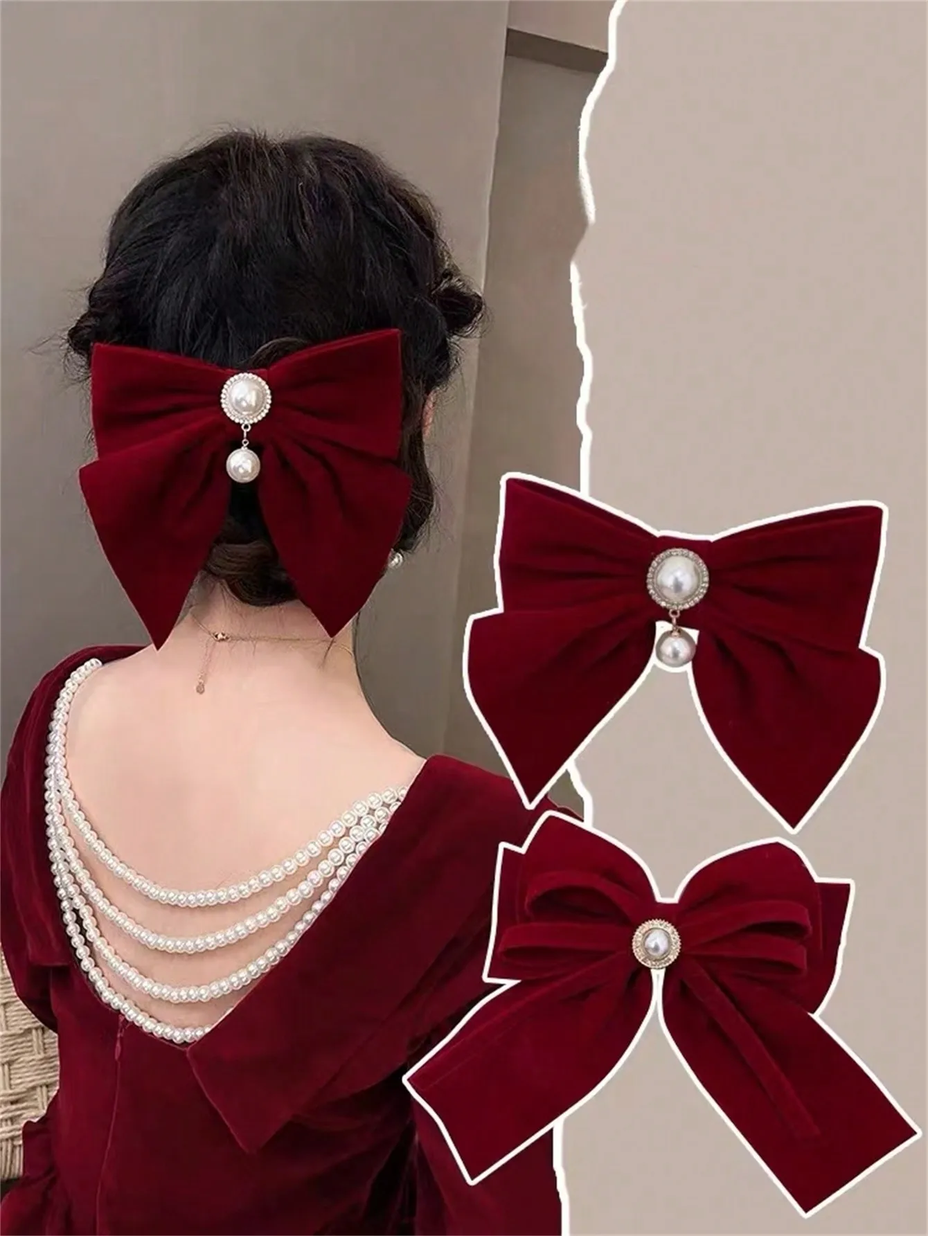 1 Ladies New Year\'s red big bow pearl hairpin suitable for bridal toasts wedding clip Valentine\'s Day dress