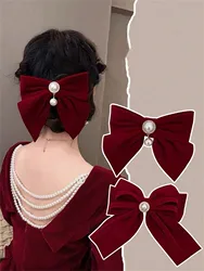 1 Ladies New Year's red big bow pearl hairpin suitable for bridal toasts wedding clip Valentine's Day dress