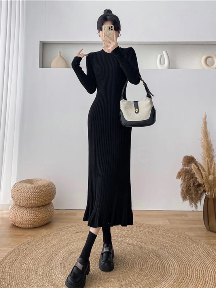 New Women Sexy Sweater Dress Autumn Winter Fashion O-Neck Long Sleeve Slim Knitted Overlength Dress High Stretch Pullover Dress