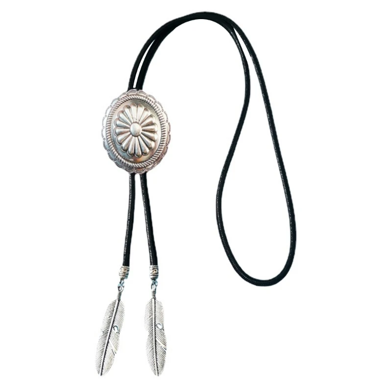 S1Y1 Men Women Vintage Bolo Tie Western Cowboy Metal Flower Pendant Necklace Necktie