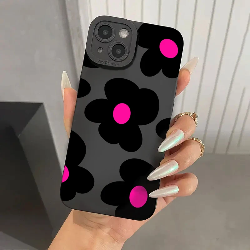 Black Flower Printed Phone Case for IPhone 14 15 16 Plus Case for IPhone 13 14 15 Pro Max 12 Mini XR XS X 7 8Plus SE2 Soft Cover