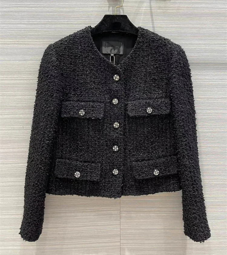 European and American women\'s wear 2024 winter new Round neck Long sleeve pocket single breasted fashion Black tweed jacket