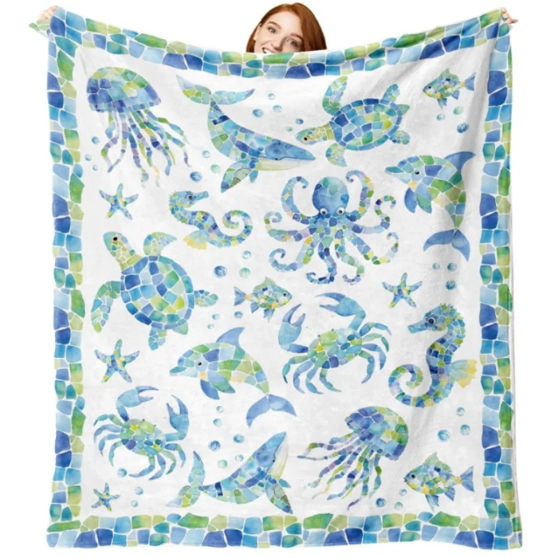 

Мозаичное одеяло морской жизни, прибрежный кит, дельфин, осьминог, черепаха, подарок краба, мягкое одеяло пляжной морской жизни