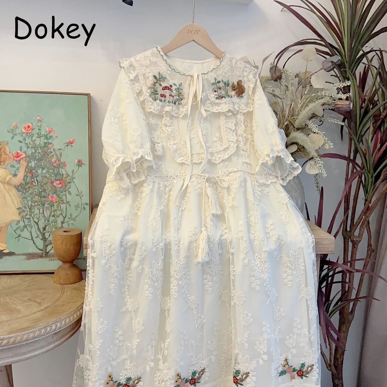 Vintage Embroidery White Lace Dress Women Mori Girl Peter Pan Collar Kawaii Dress Japan Style Short Sleeve Loose Midi Vestidos