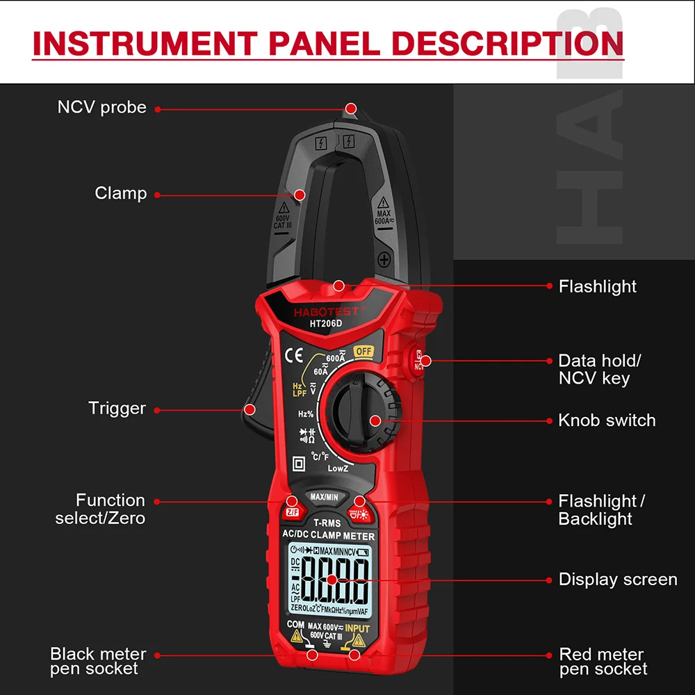 Medidor de pinza Digital serie HT206, valores eficaces verdaderos, 6000 recuentos, CA, CC, NCV, 600V, voltímetro Hz, resistencia, capacitancia, prueba de continuidad de trabajo