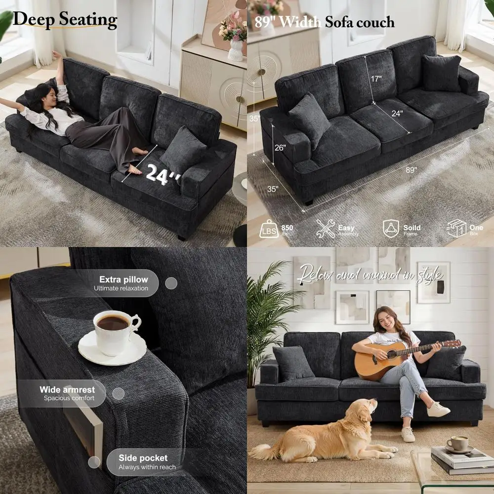 

89 Deep Seated 3-Seater Living Room Sofa in Grey Chenille Upholstery