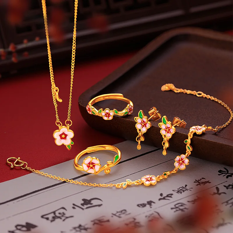 9999 24K Real Gold New Chinese Style Ancient Style Enamel Small Peach Drunk Set Burned Blue Peach Blossom Necklace Bracelet Ring