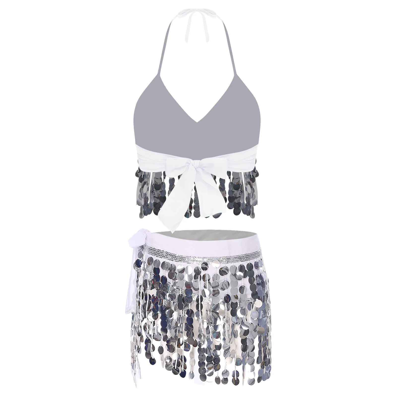 Vrouwen Tribal Dance Wear Tweedelige set Glinsterende pailletten gewatteerde crop top en taille ketting rok set met afneembare franje kwastjes