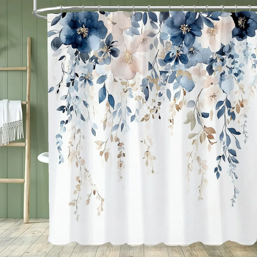 

Акварельная занавеска для душа в богемном стиле с цветочным узором, синяя, водонепроницаемая, для ванной комнаты, декоративная тканевая занавеска для дома с крючками
