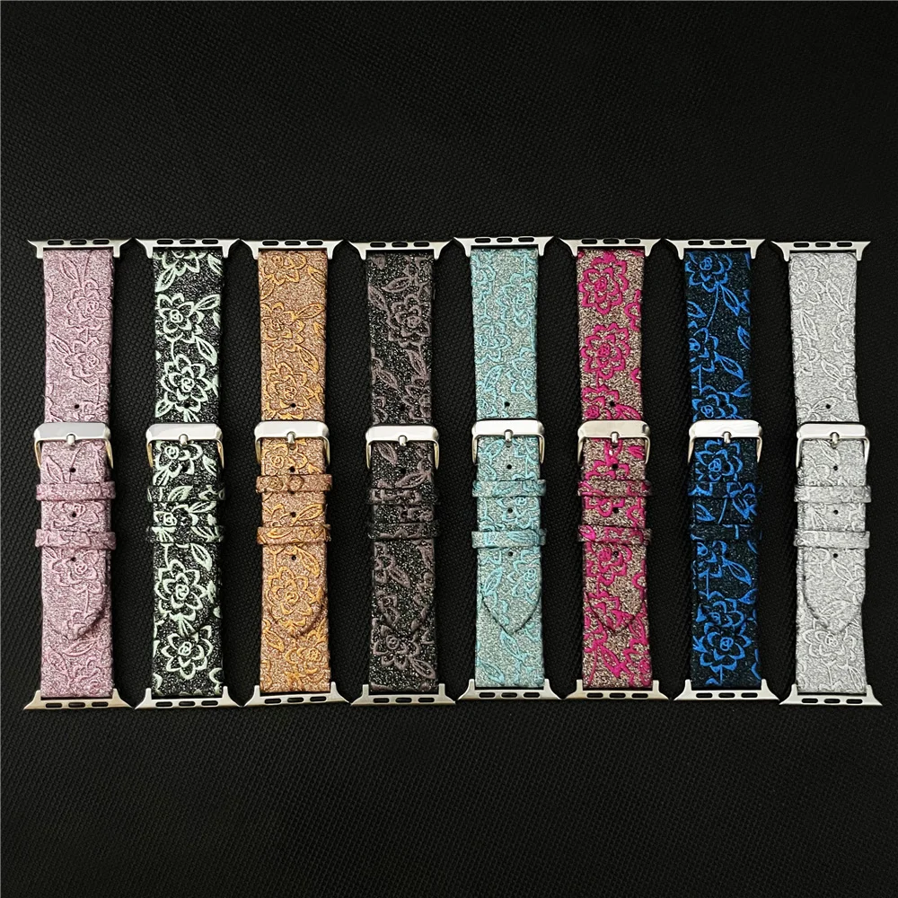 Embroidered Leather Strap for apple watch band 45mm 49mm 44mm 42mm woman watchband 38mm 40mm 41mm Bracelet iwatch Ultra 8 7 6 5