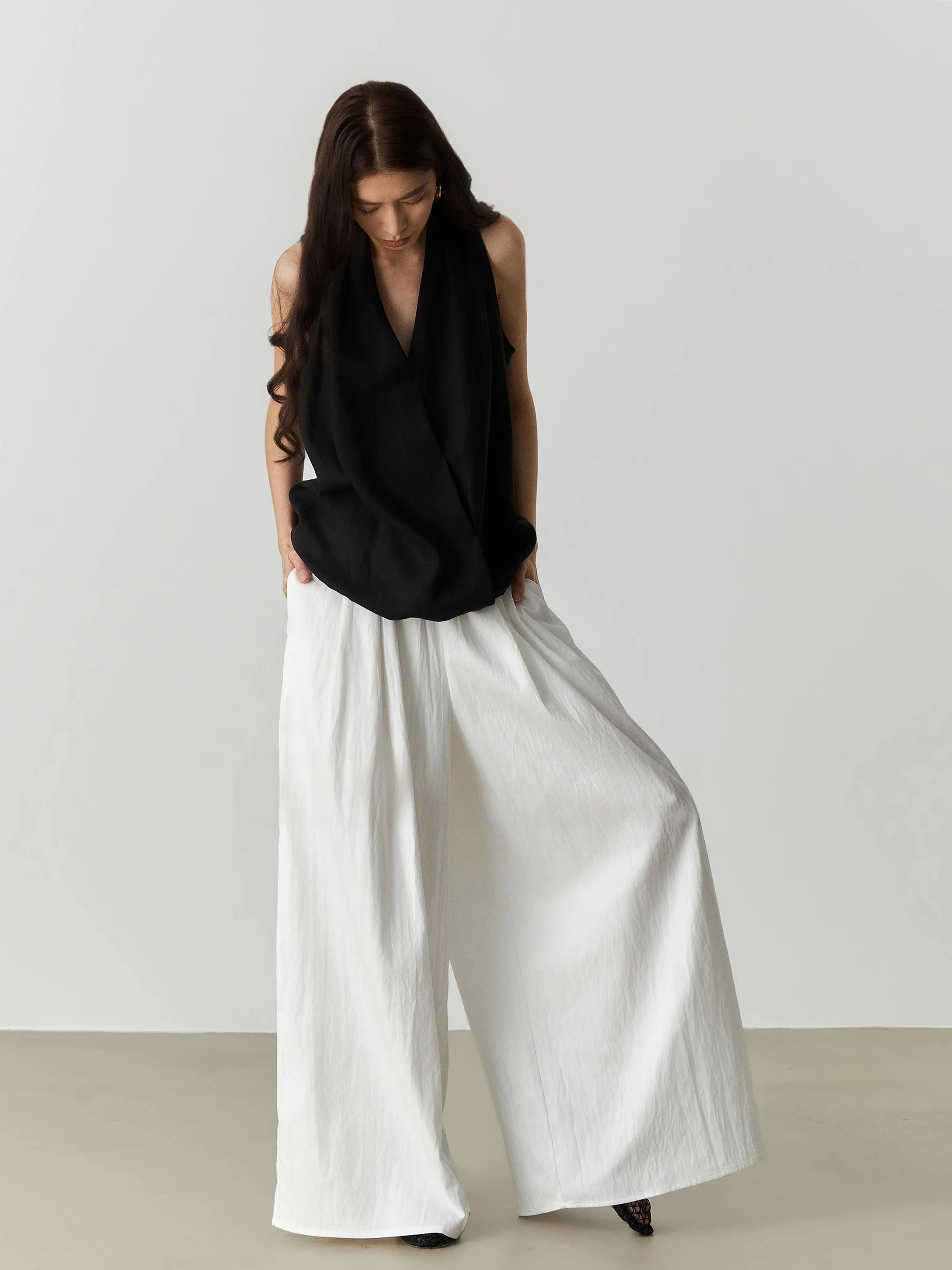Casual High Waist Wide Leg Pants Women's  Cotton Loose Fit Floor Length Elastic Waist Straight Cut Versatile Workwear