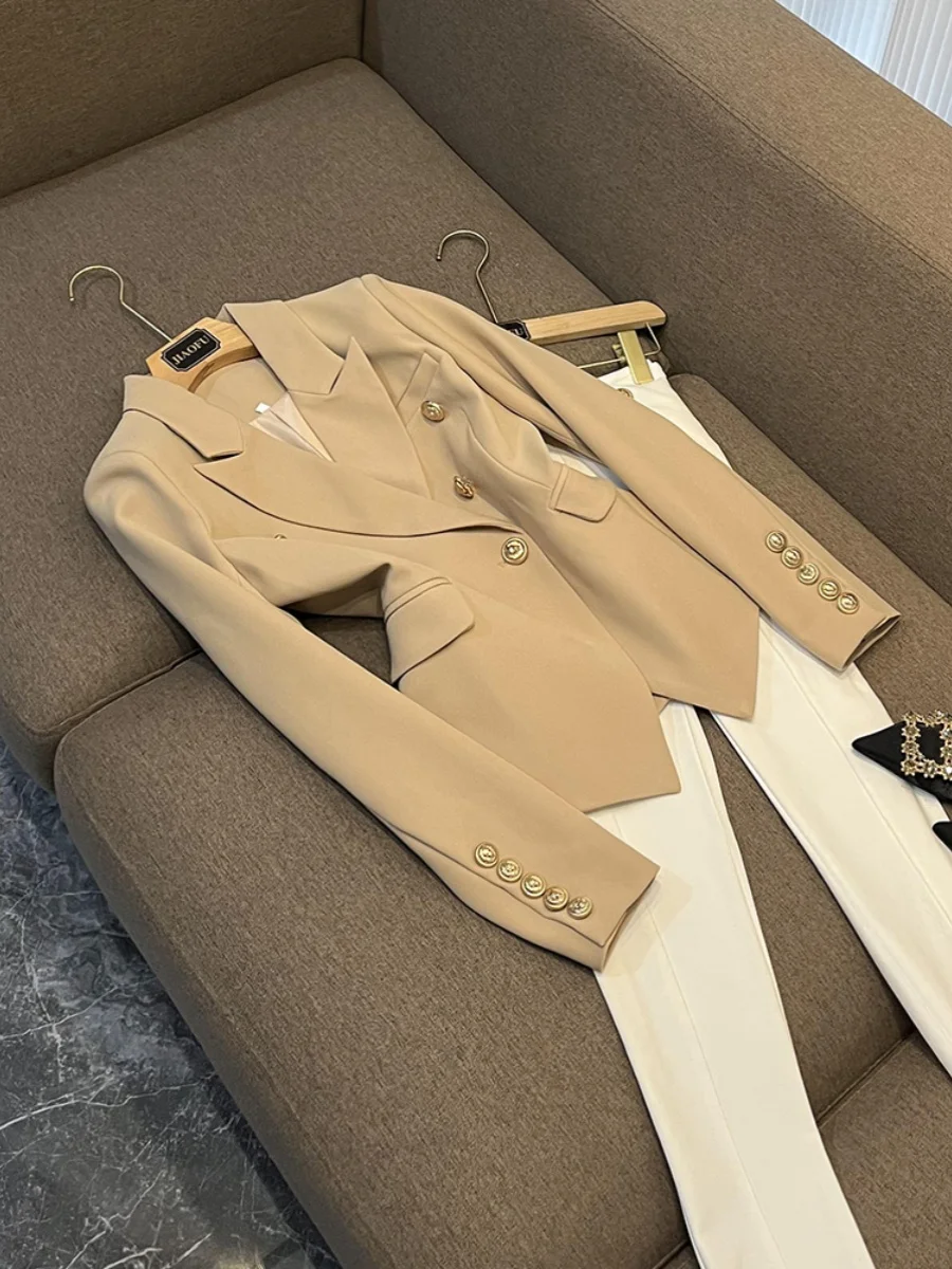 2026 New Women's Suit Jacket Double Row Metal Button Slim Fit Khaki A6801 Commute Style Long Sleeve Formal Wear