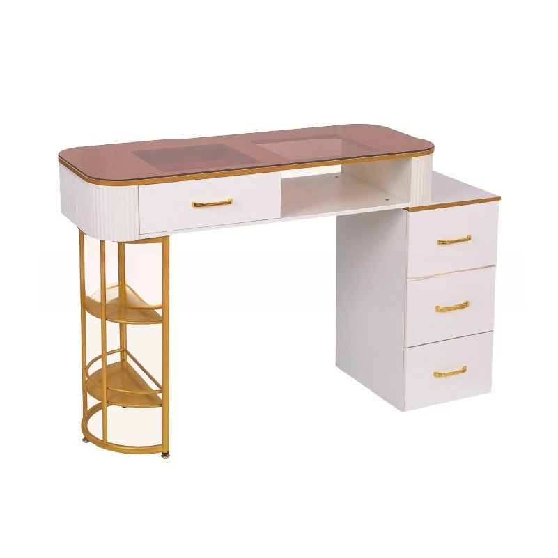 

Premium White manicure table double drawer manicure table brown glass countertop