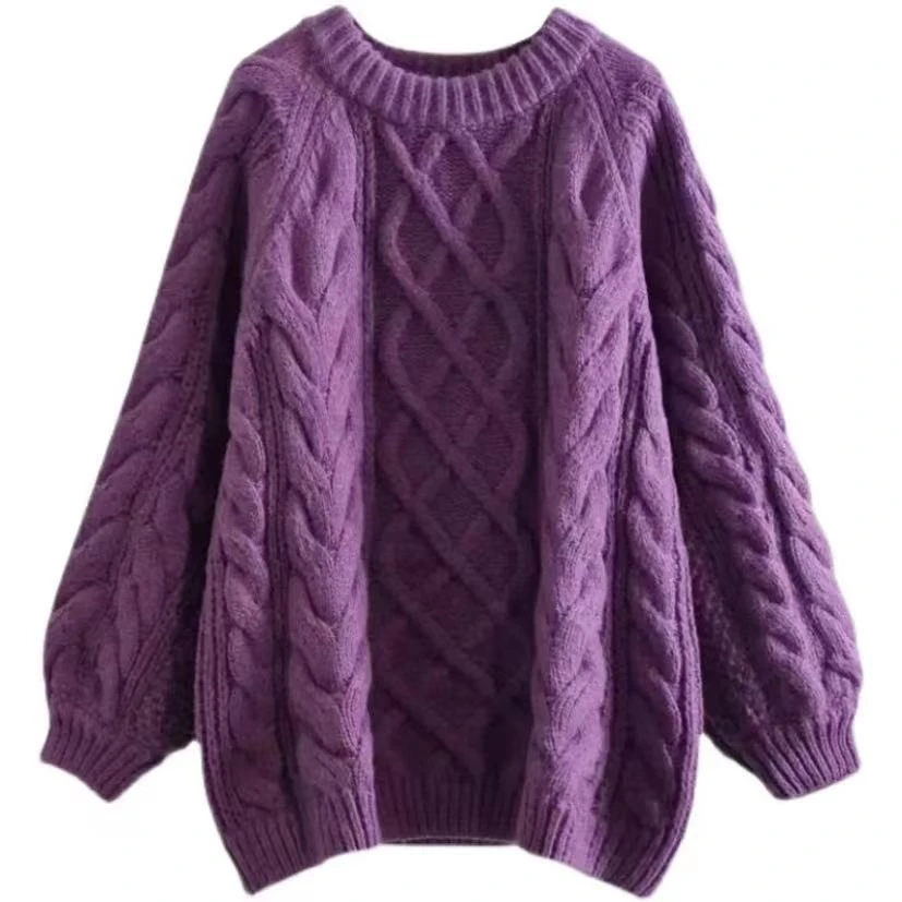 Pull à col rond en tricot violet, torsades de pâte frite, chemisier pull