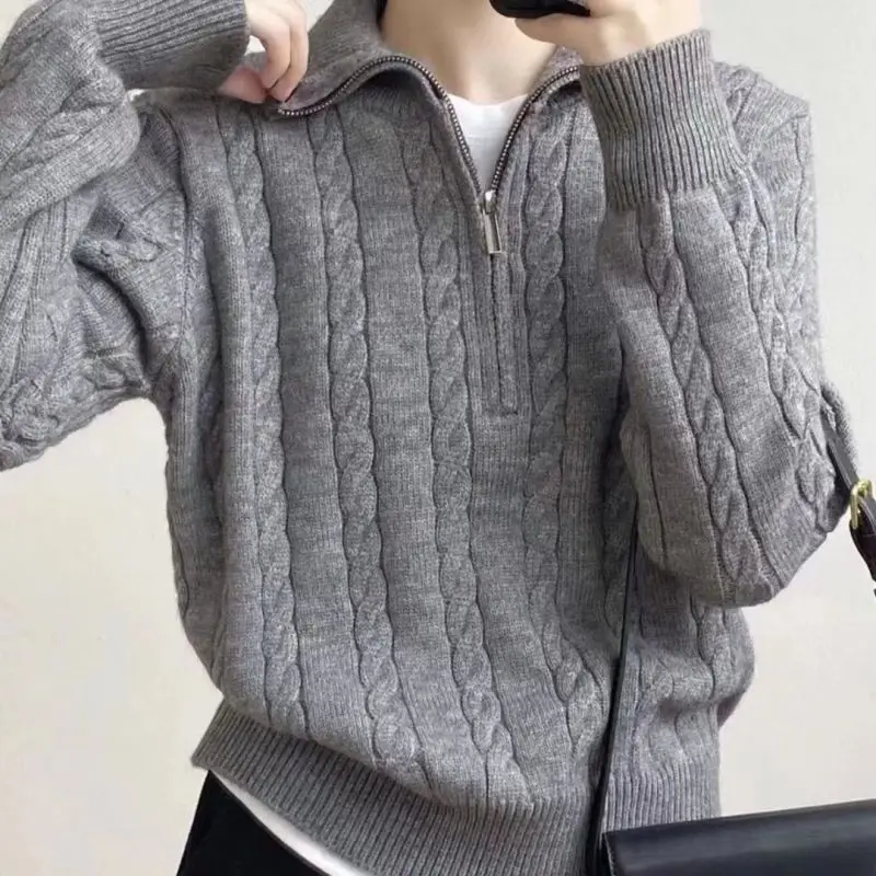 Autumn Winter South Korea Thick Knitted Top Women's Vintage Fried Dough Twists Half Zipper Lazy Versatile Short Pullover Sweater